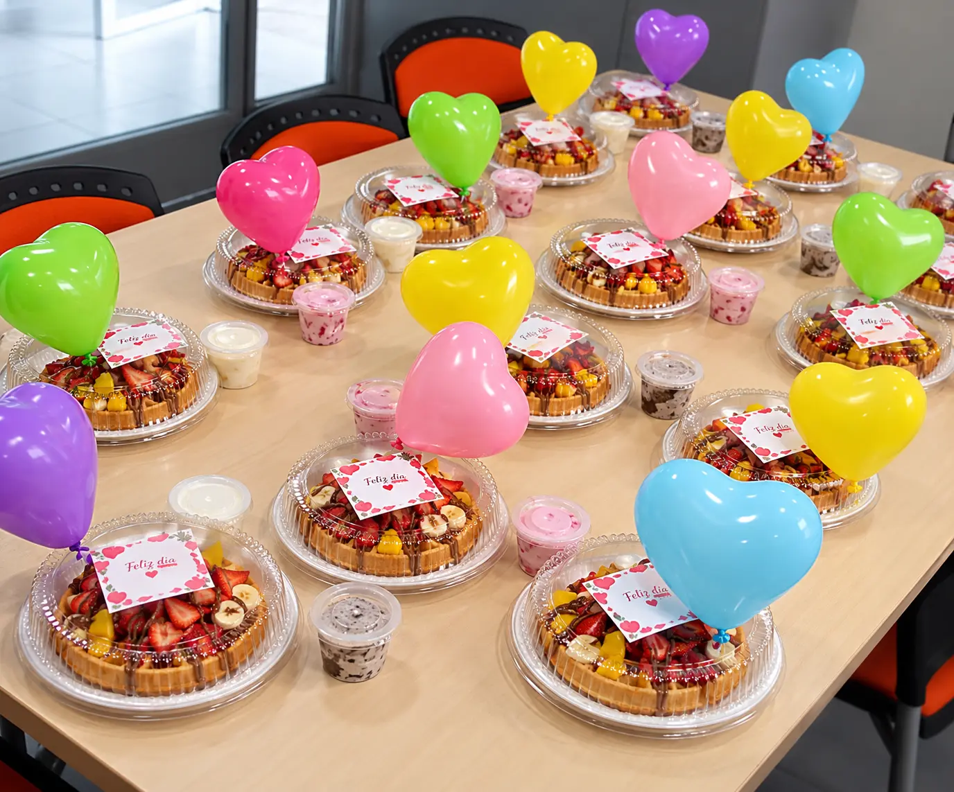 Waffles con frutas y globos de corazón